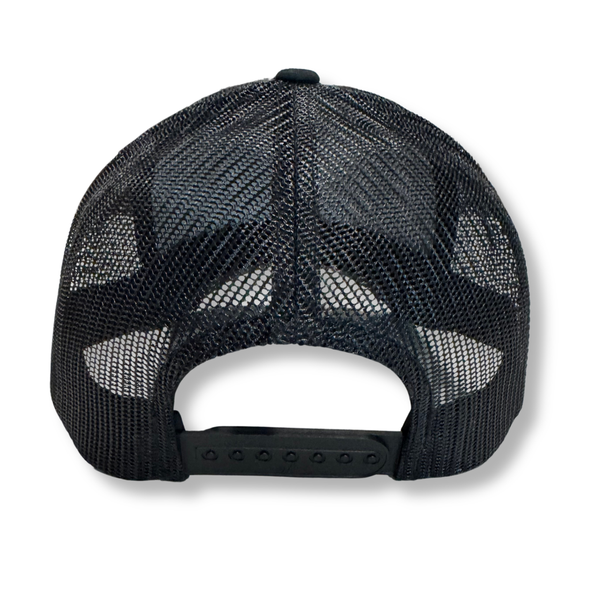 Black mesh trucker cap viewed from the back, featuring a black adjustable snap closure strap on a white background.