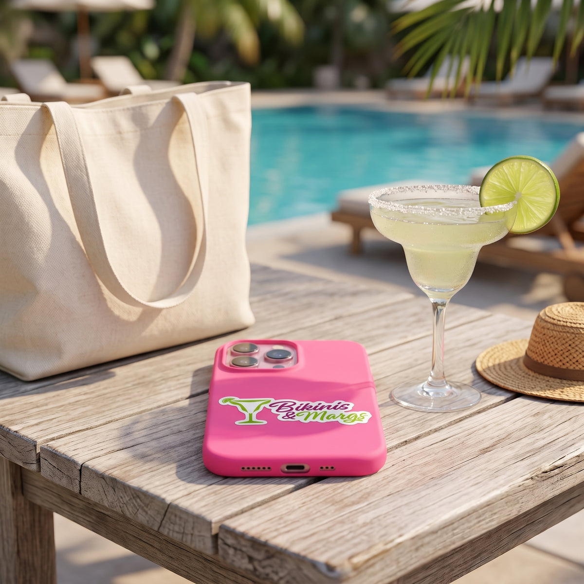 A bright pink phone case with a green and yellow graphic reading 'Bikinis & Margs' lies on a weathered wooden table next to a margarita glass, a cream canvas tote bag, and a straw hat, with a swimming pool and lounge chairs in the background.