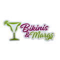 A die-cut sticker featuring a green martini glass with a lime wedge on the left and the words 'Bikinis & Margs' in stylized pink and green script on a white background.