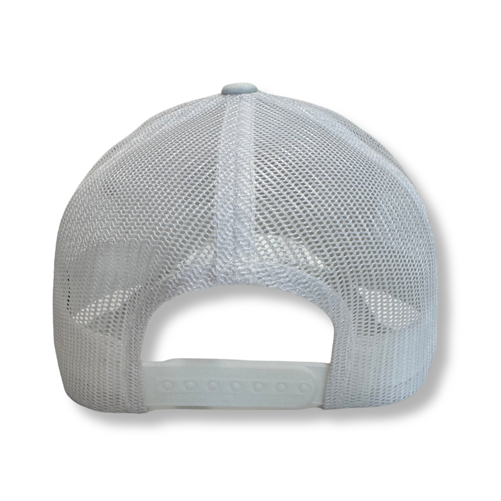 The back view of a white trucker hat with a white mesh back and a white plastic snap closure.