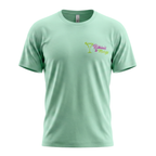 A mint green short-sleeve crewneck t-shirt with a small screenprint logo on the left chest reading 'Bikinis & Margs' next to a green Margarita glass icon, shown on a plain white background.