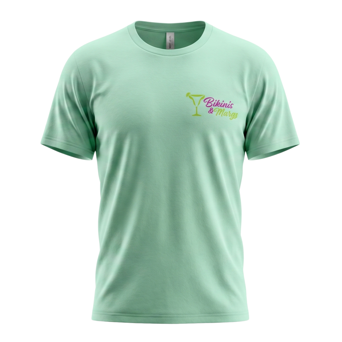 A mint green short-sleeve crewneck t-shirt with a small screenprint logo on the left chest reading 'Bikinis & Margs' next to a green Margarita glass icon, shown on a plain white background.