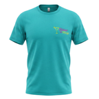 A teal short-sleeve crewneck t-shirt with a small 'Bikinis & Margs' logo on the left chest, featuring a green margarita glass and pink script text, displayed on a clean white background.
