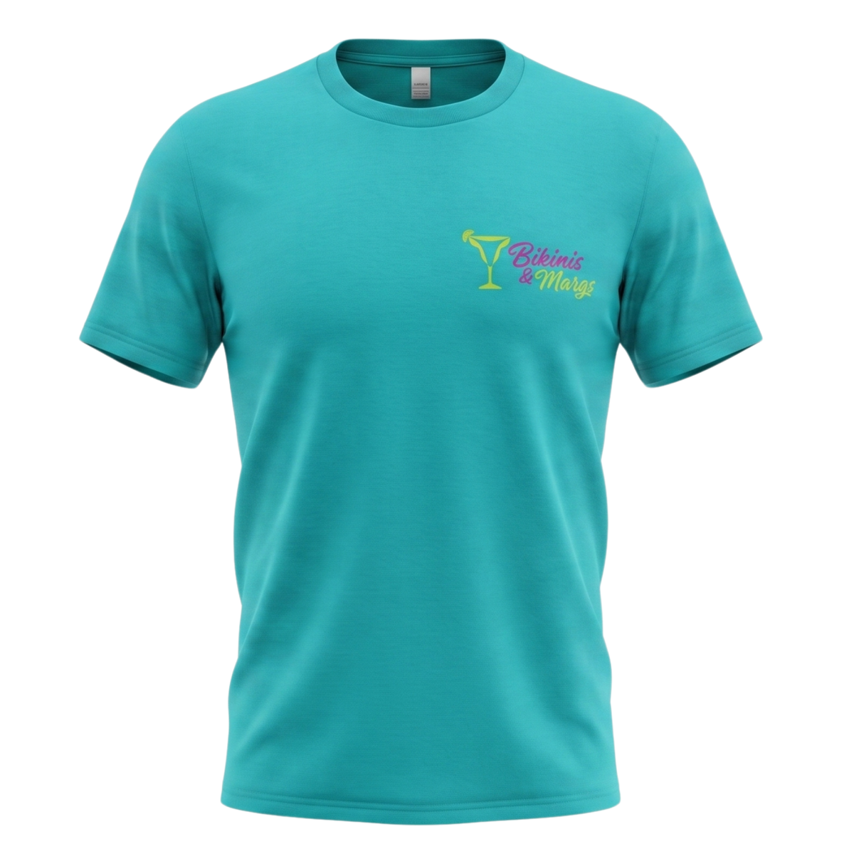 A teal short-sleeve crewneck t-shirt with a small 'Bikinis & Margs' logo on the left chest, featuring a green margarita glass and pink script text, displayed on a clean white background.