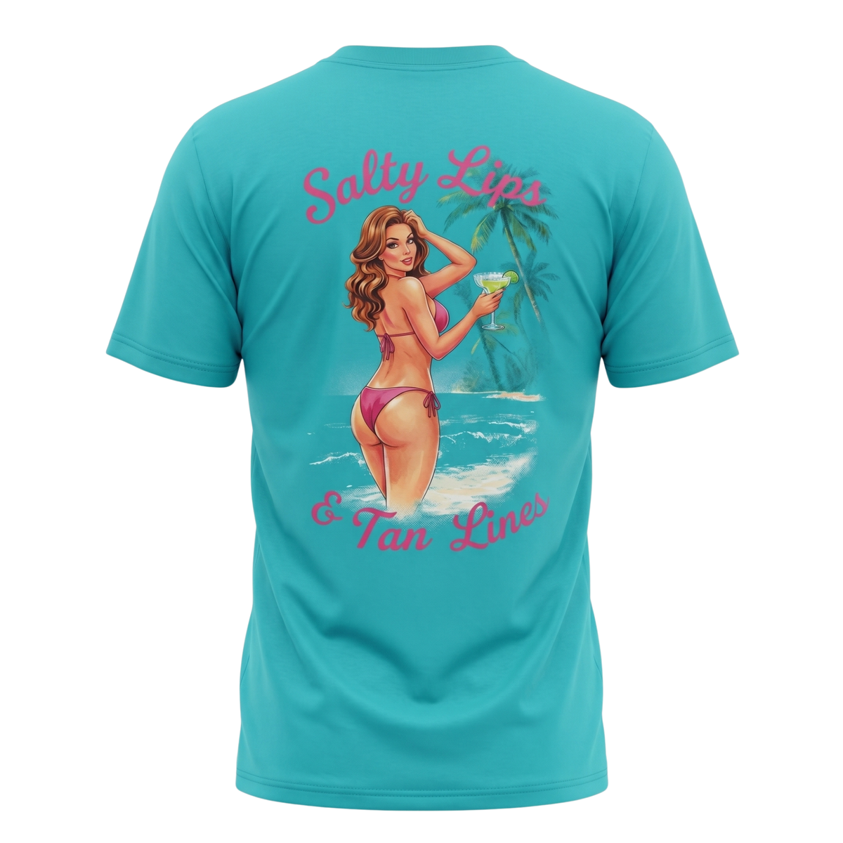 A turquoise short-sleeve t-shirt shown from the back, featuring a large graphic print of a pin-up style woman in a pink bikini standing on the beach holding a margarita with palm trees in the background, and the text 'Salty Lips & Tan Lines' in pink script.