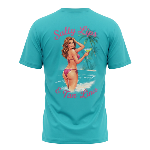 A turquoise short-sleeve t-shirt shown from the back, featuring a large graphic print of a pin-up style woman in a pink bikini standing on the beach holding a margarita with palm trees in the background, and the text 'Salty Lips & Tan Lines' in pink script.